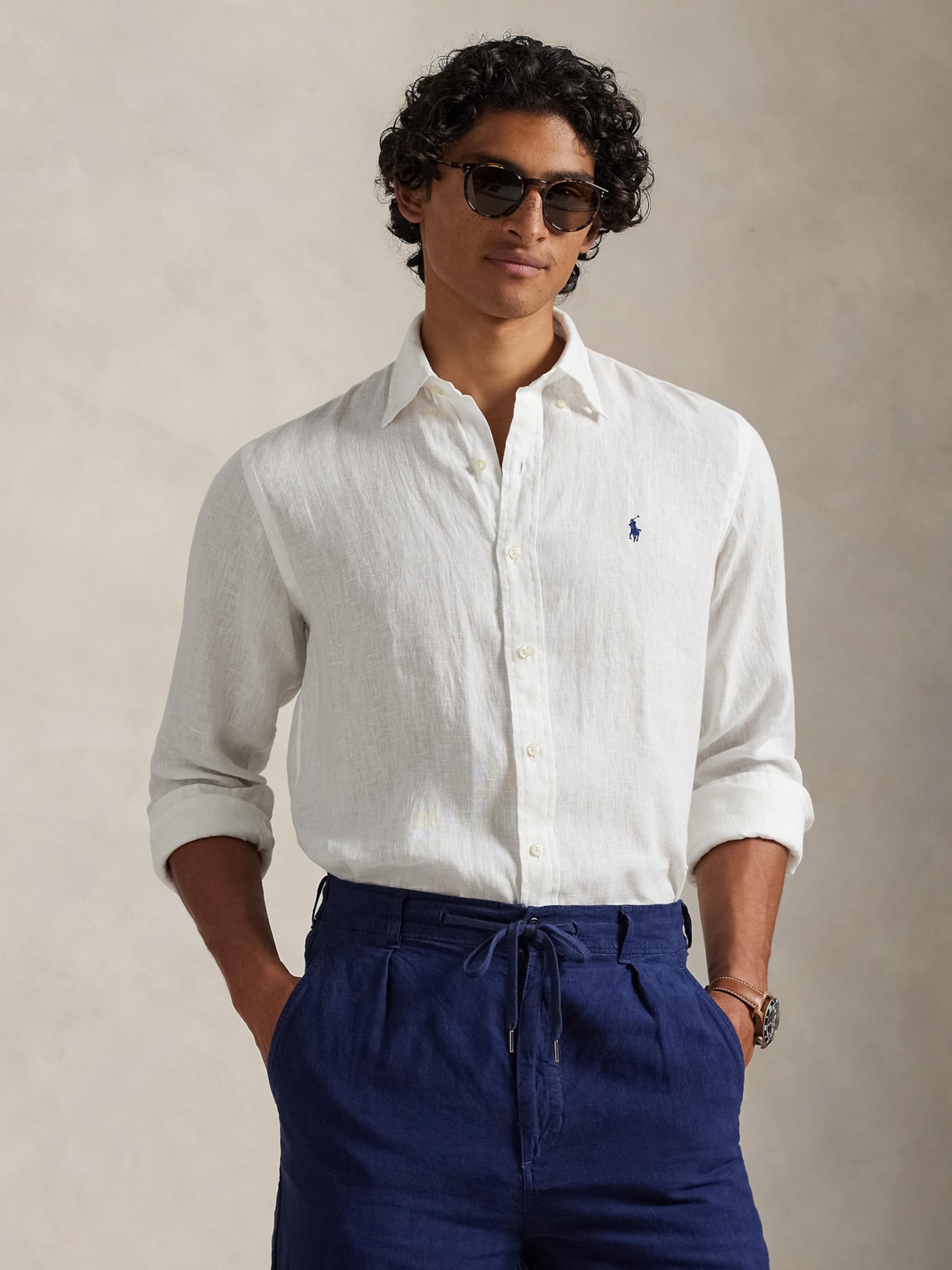 Camisa Masculina Manga Longa Custom Fit Linen Branco Polo Ralph Lauren