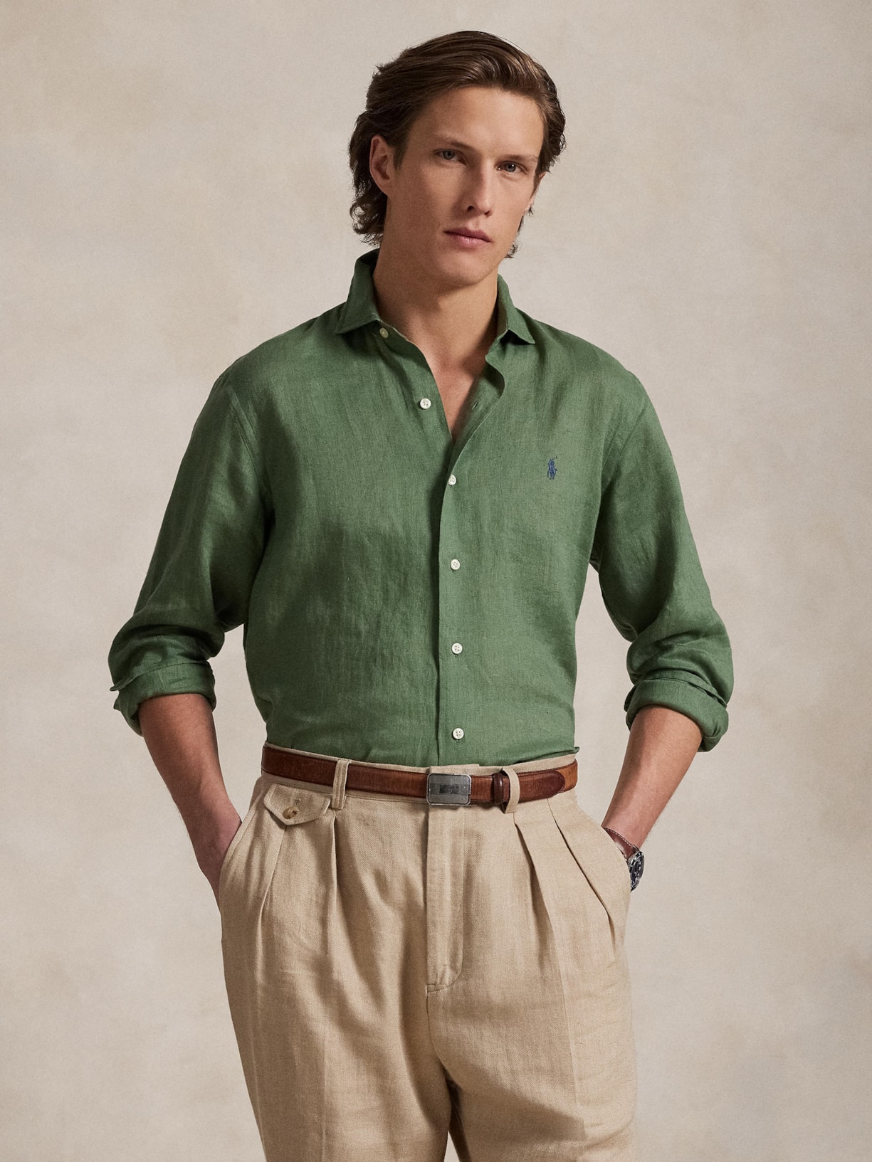 Camisa Masculina Manga Longa Custom Fit Linen Verde Polo Ralph Lauren