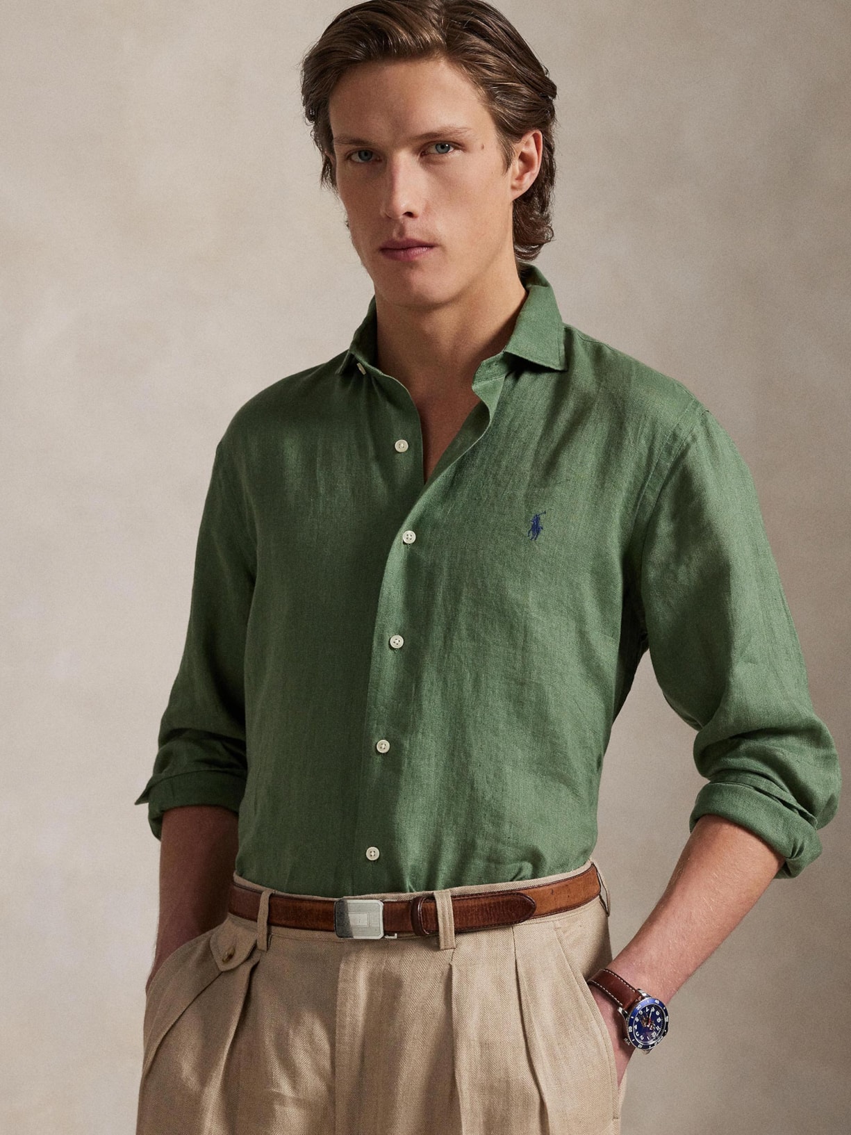Camisa Masculina Manga Longa Custom Fit Linen Verde Polo Ralph Lauren