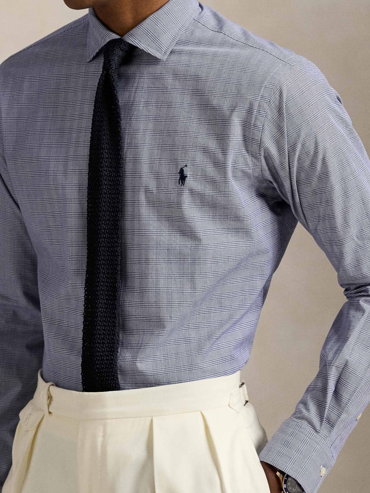 Camisa Masculina Manga Longa Custom Fit Xadrez Poplin Azul Polo Ralph Lauren