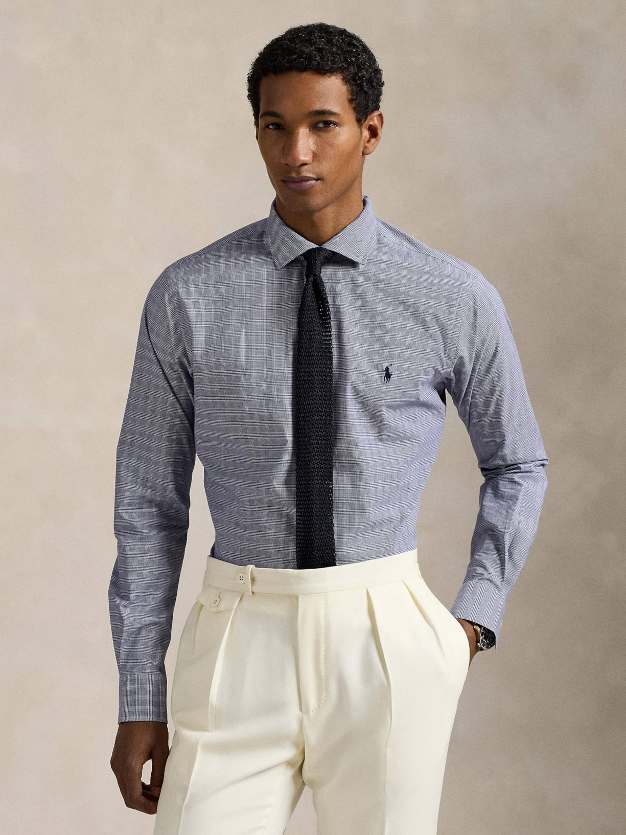 Camisa Masculina Manga Longa Custom Fit Xadrez Poplin Azul Polo Ralph Lauren