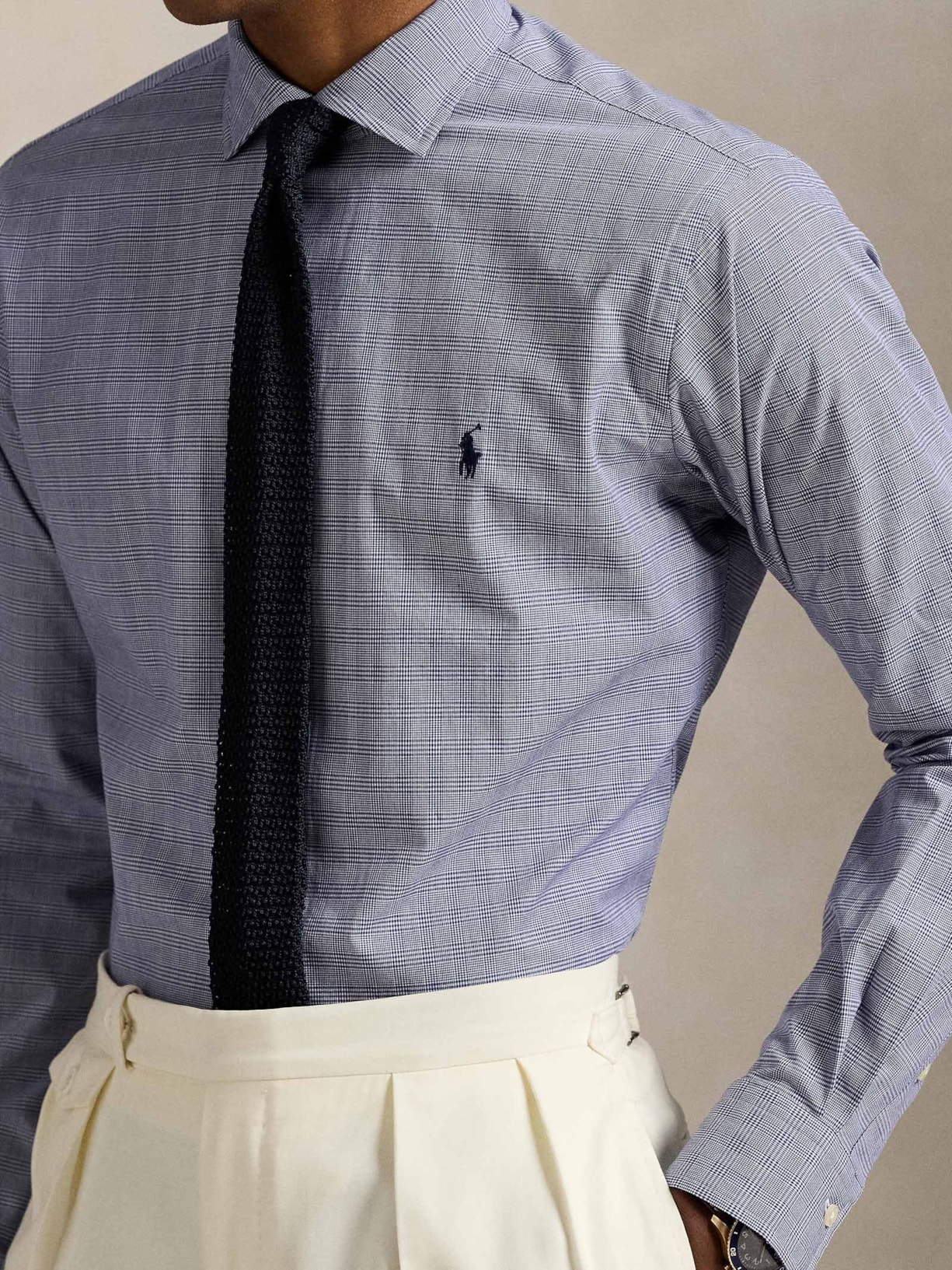 Camisa Masculina Manga Longa Custom Fit Xadrez Poplin Azul Polo Ralph Lauren