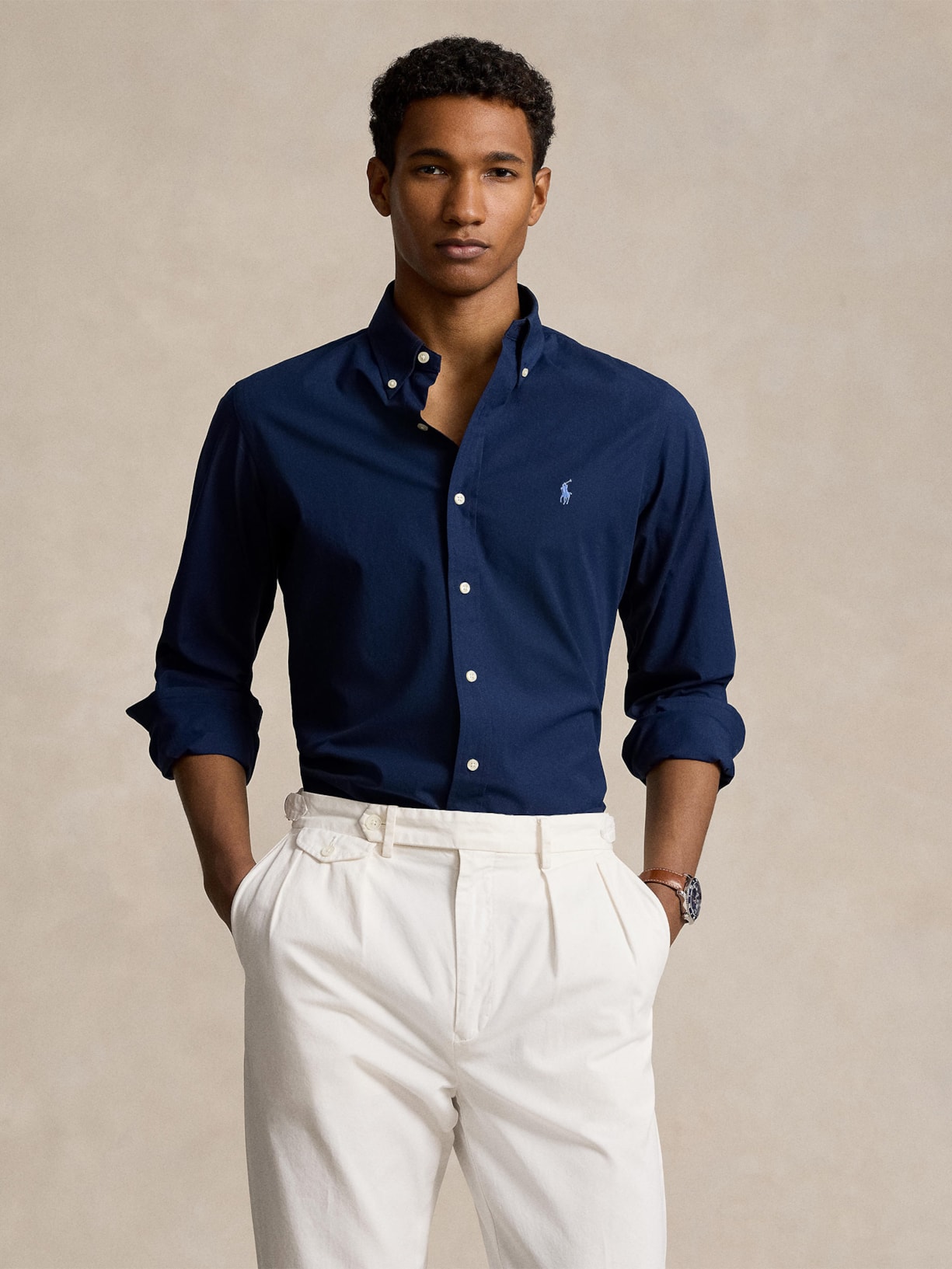 Camisa Masculina Manga Longa Custom Poplin Logo Bordado Azul Polo Ralph Lauren