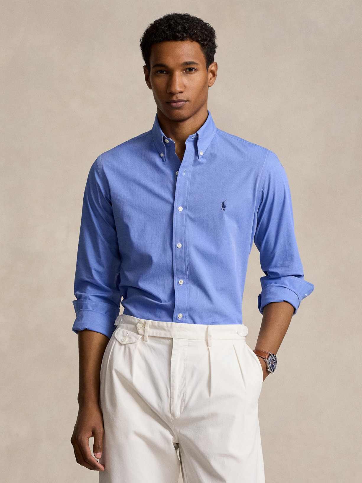 Camisa Masculina Manga Longa Custom Poplin Logo Bordado Azul Polo Ralph Lauren