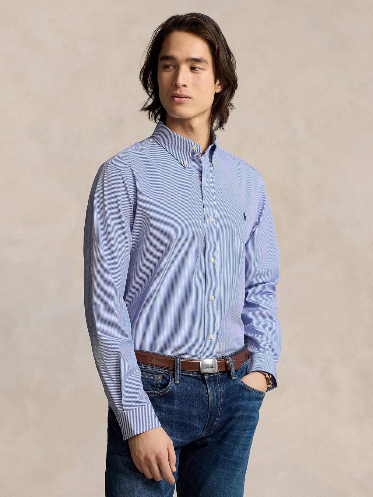 Camisa Masculina Manga Longa Custom Poplin Logo Bordado Azul Polo Ralph Lauren