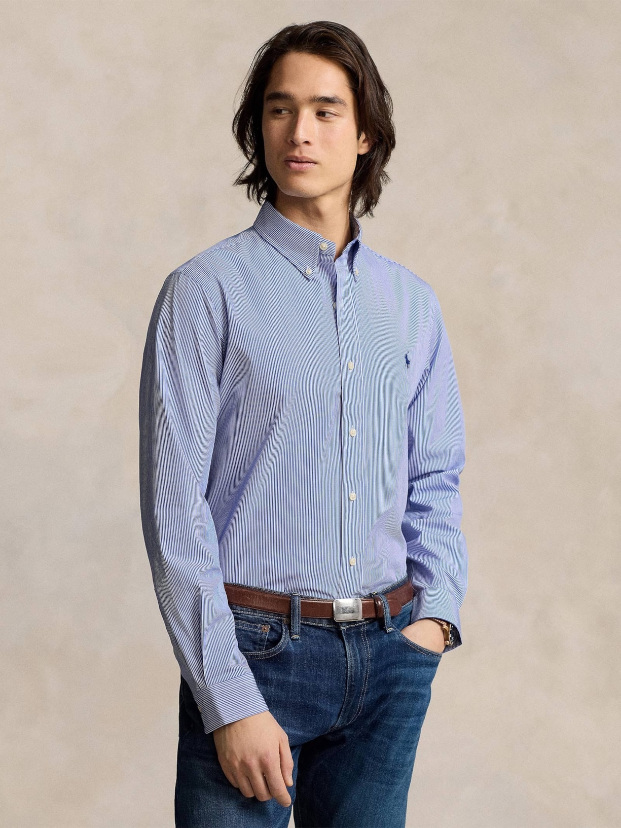 Camisa Masculina Manga Longa Custom Poplin Logo Bordado Azul Polo Ralph Lauren