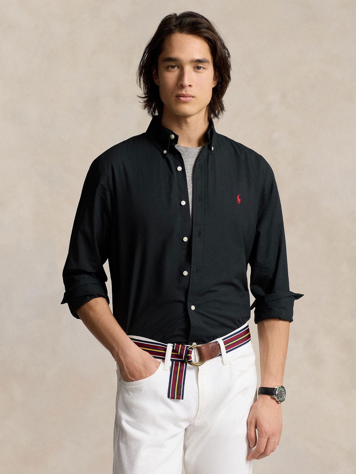 Camisa Masculina Manga Longa Custom Poplin Logo Bordado Preto Polo Ralph Lauren