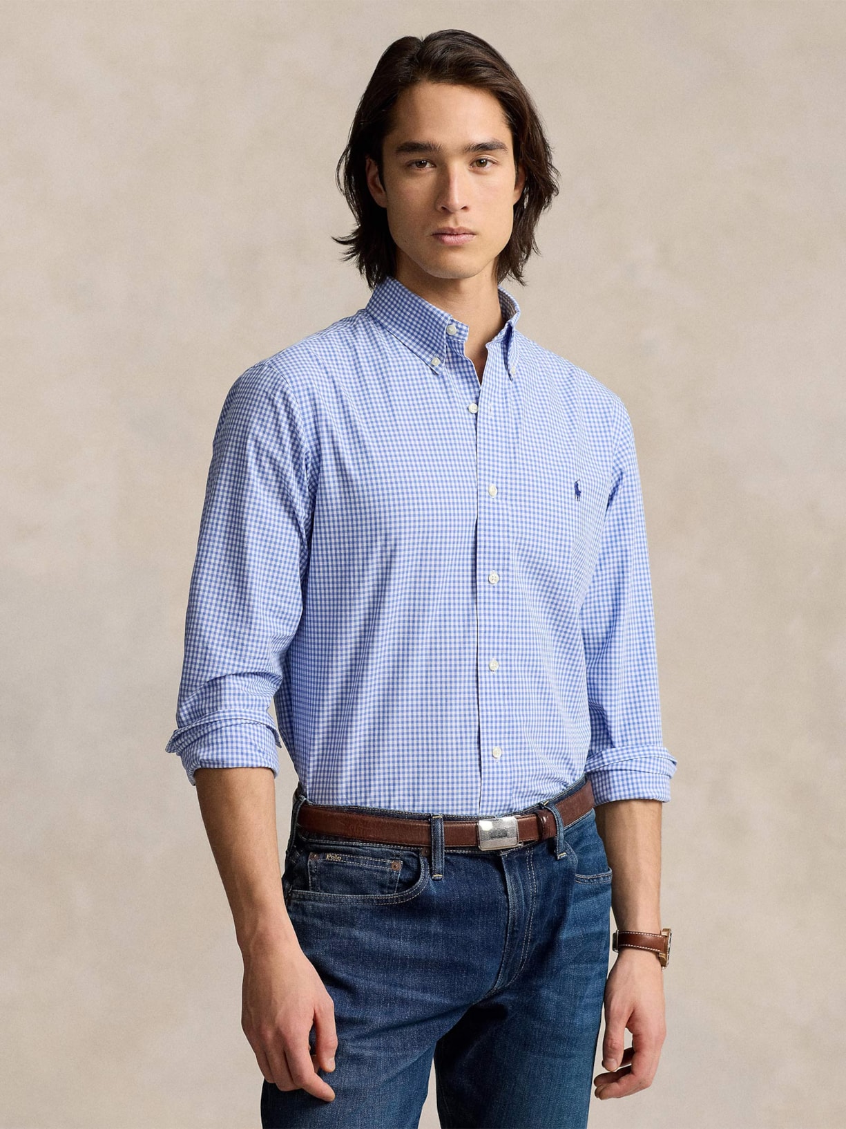 Camisa Masculina Manga Longa Custom Poplin Xadrez Logo Azul Polo Ralph Lauren