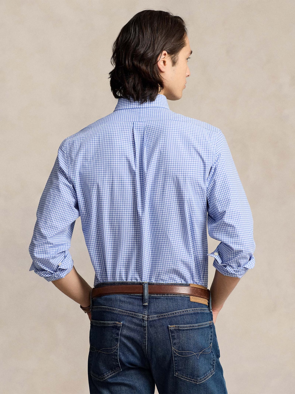 Camisa Masculina Manga Longa Custom Poplin Xadrez Logo Azul Polo Ralph Lauren