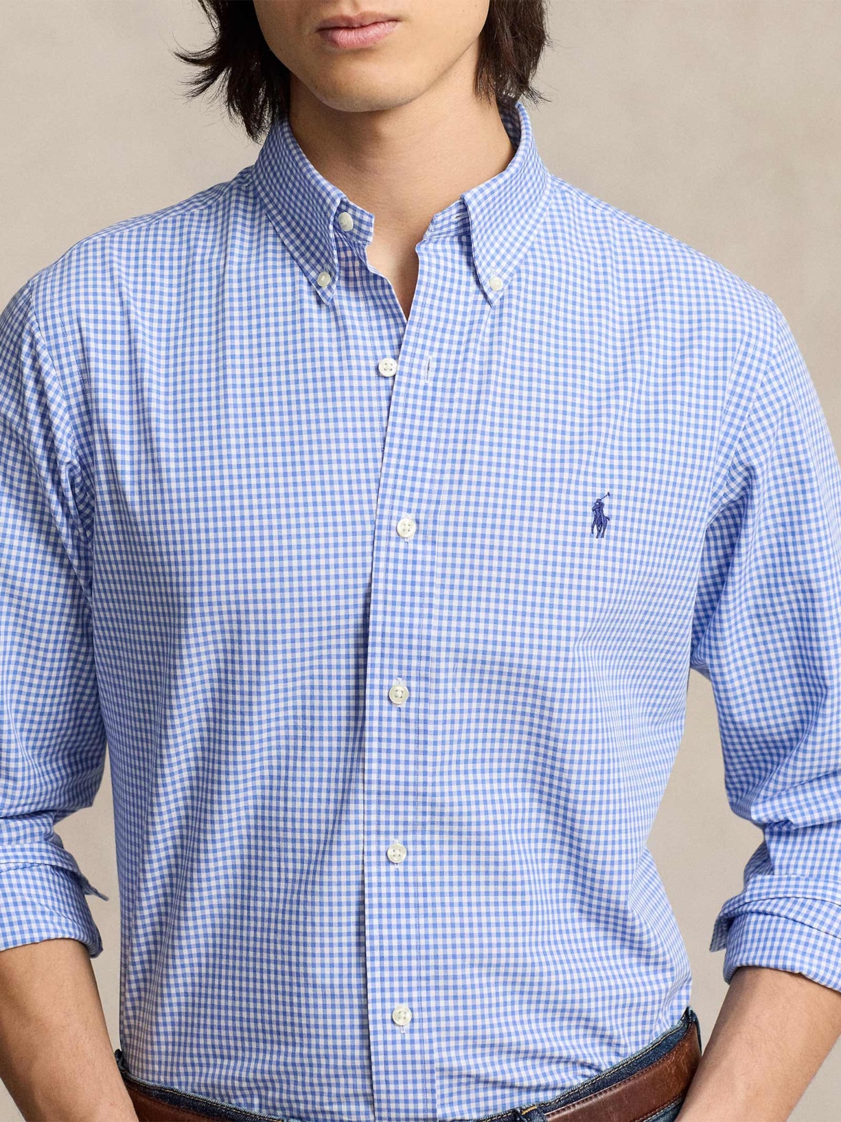 Camisa Masculina Manga Longa Custom Poplin Xadrez Logo Azul Polo Ralph Lauren