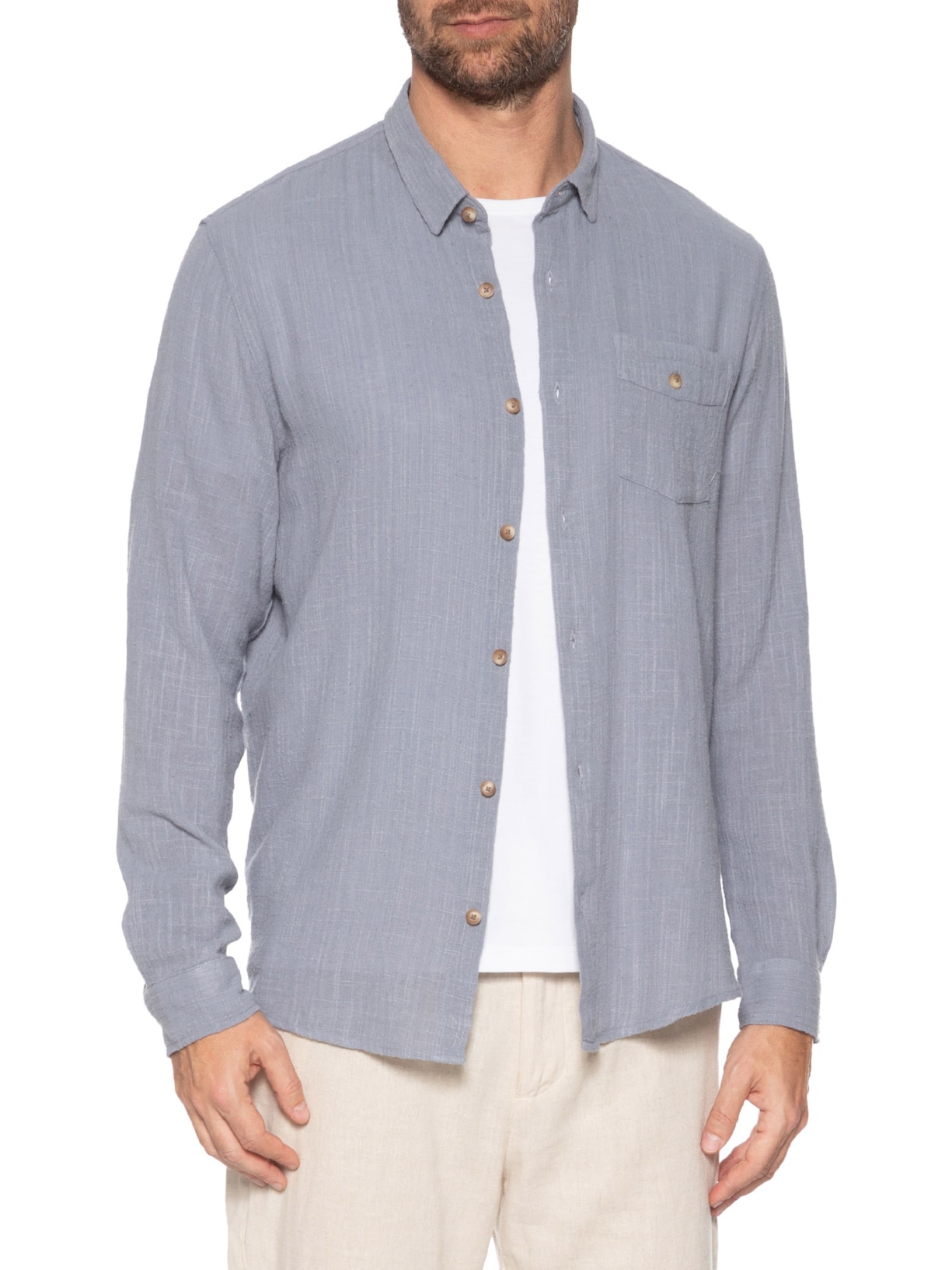 Camisa Masculina Manga Longa Em Algodão Rústico Azul Austral
