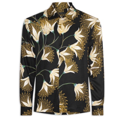 Camisa Masculina Manga Longa Floral Trama - Preto
