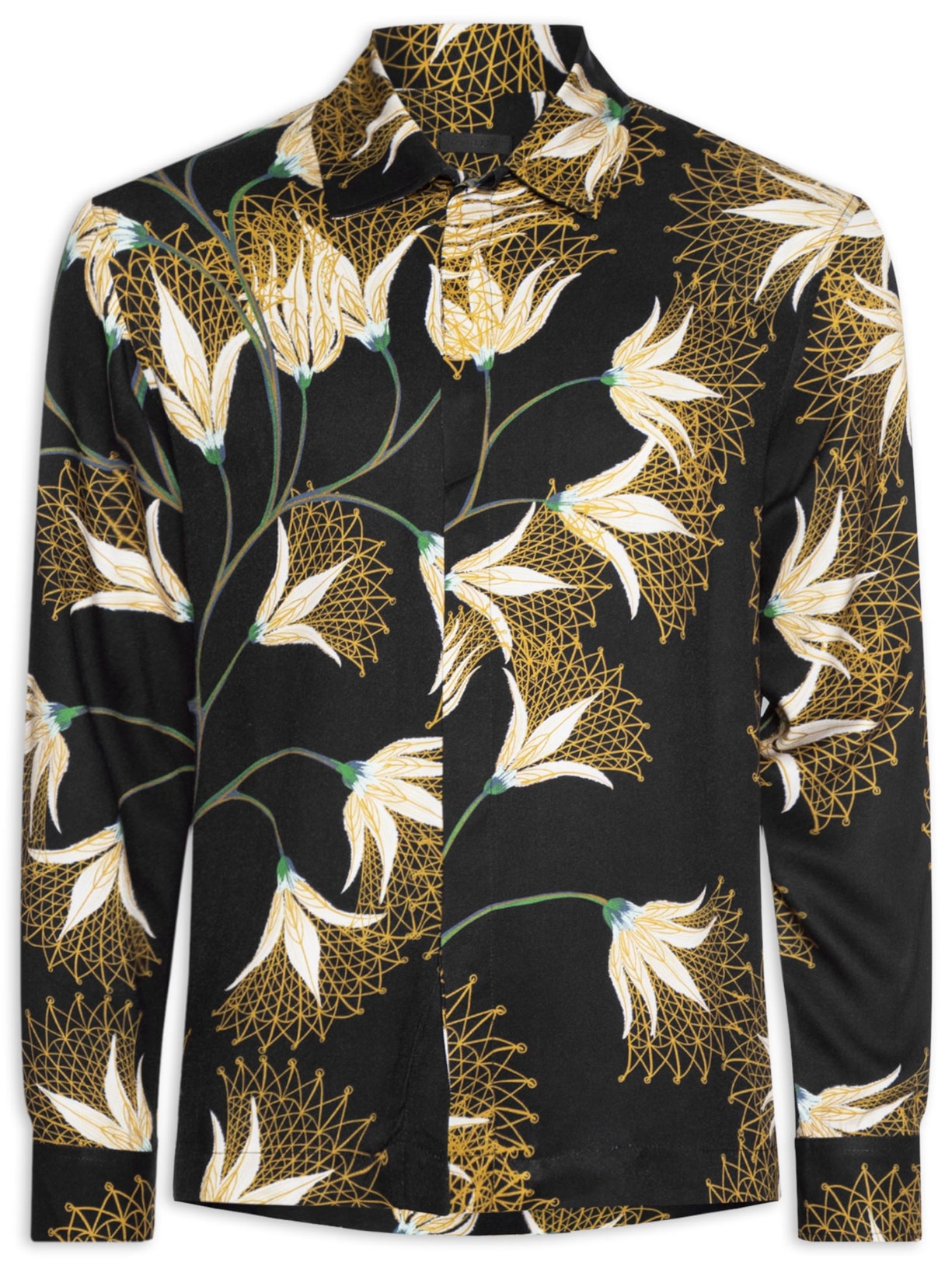 Camisa Masculina Manga Longa Floral Trama - Preto