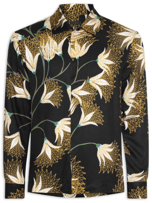 Camisa Masculina Manga Longa Floral Trama - Preto
