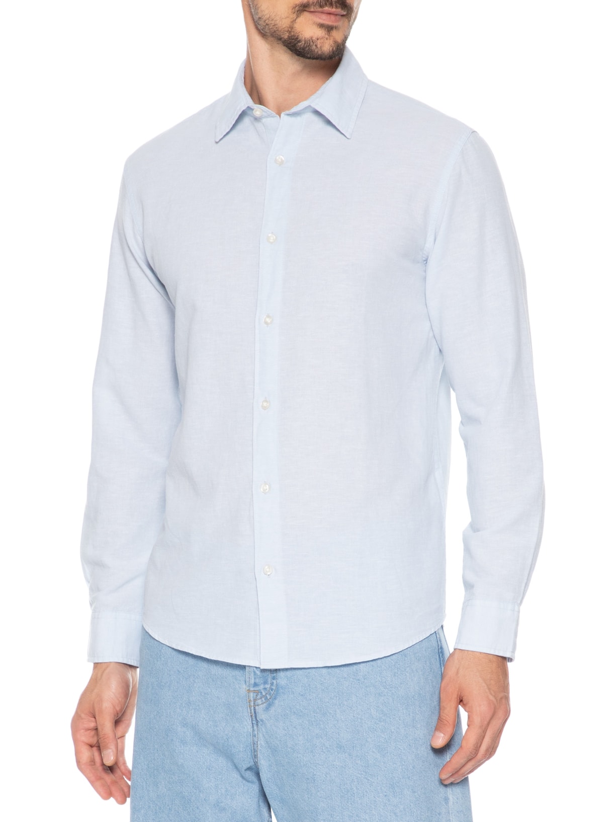 Camisa Masculina Manga Longa Gola Resort Blend De Linho Azul Jack & Jones