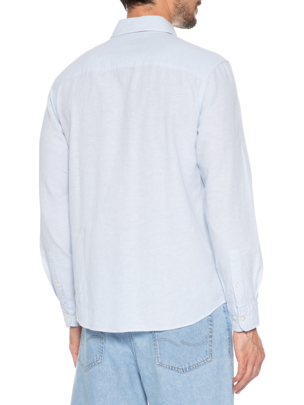 Camisa Masculina Manga Longa Gola Resort Blend De Linho Azul Jack & Jones