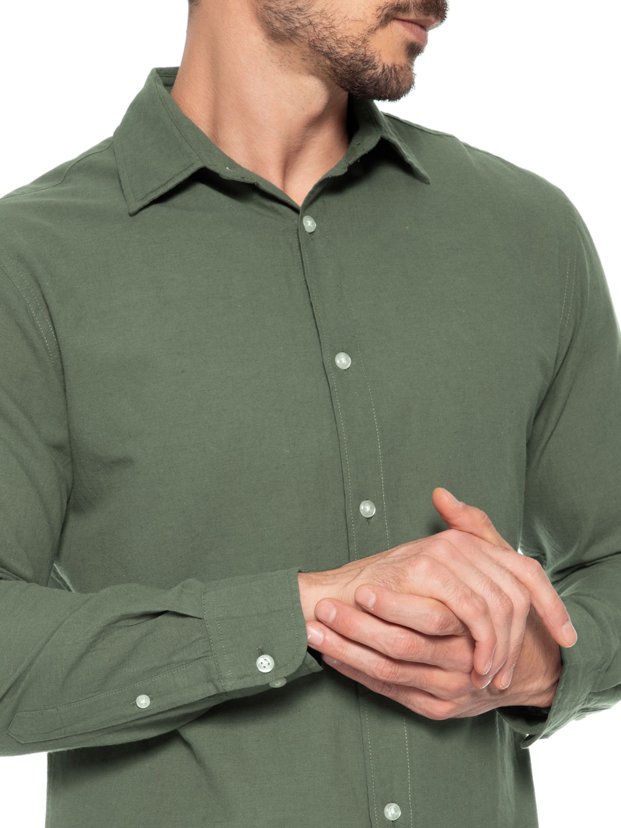 Camisa Masculina Manga Longa Gola Resort Blend De Linho Verde Jack & Jones
