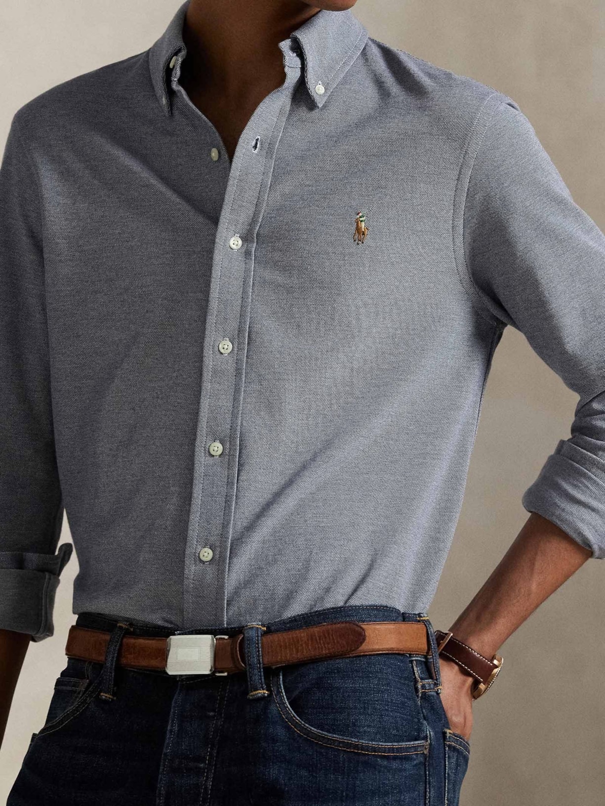 Camisa Masculina Manga Longa Knit Oxford Azul Polo Ralph Lauren