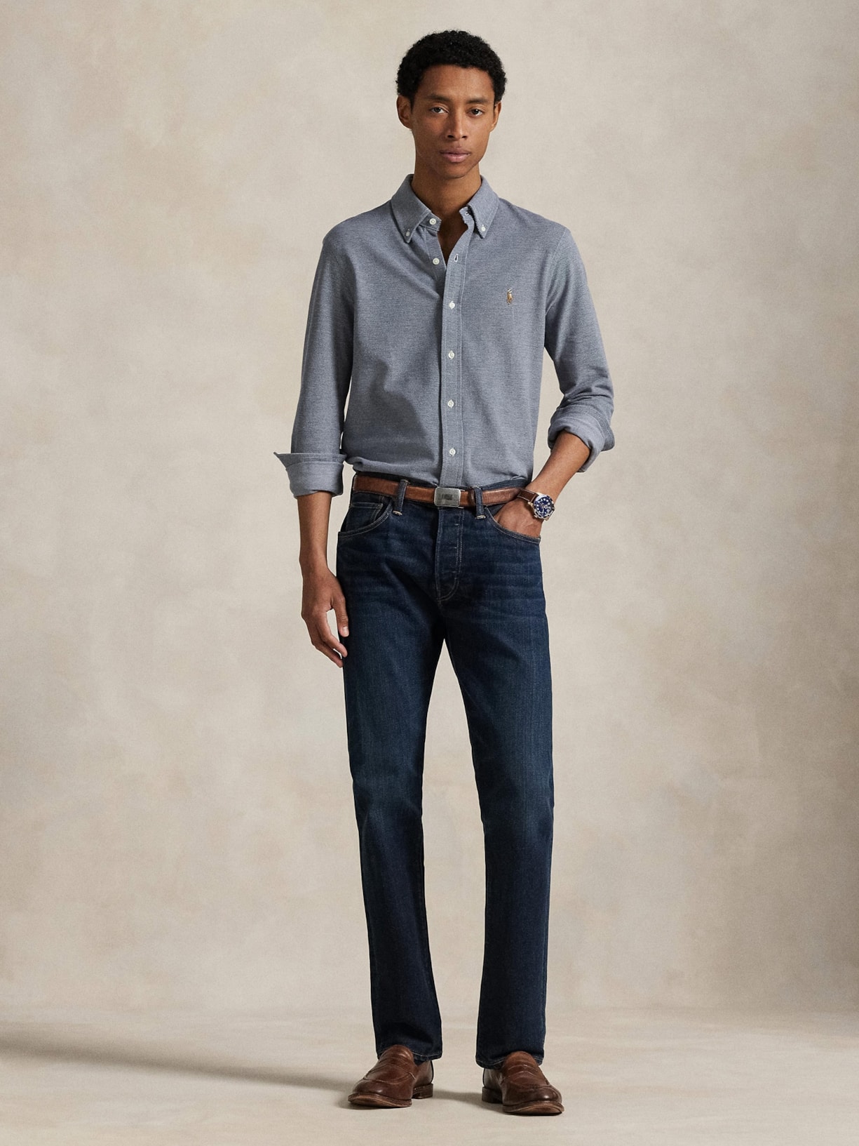 Camisa Masculina Manga Longa Knit Oxford Azul Polo Ralph Lauren