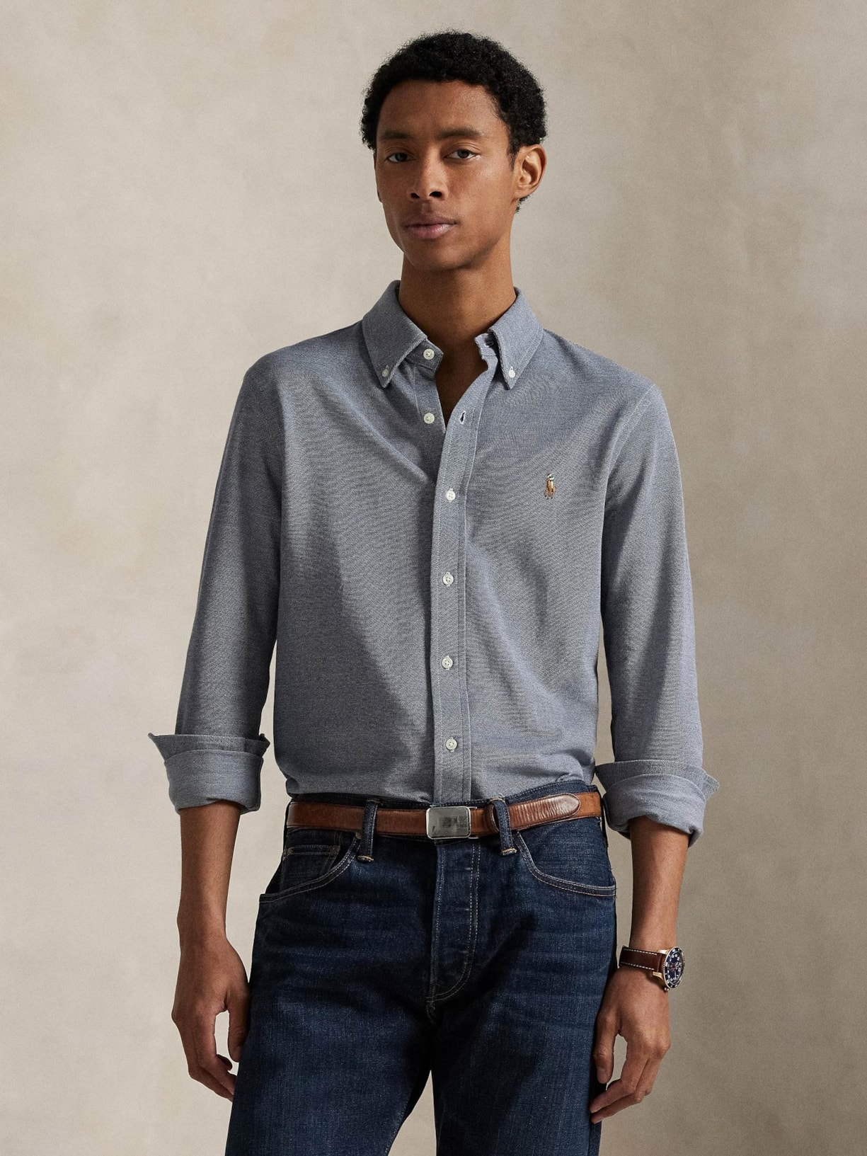 Camisa Masculina Manga Longa Knit Oxford Azul Polo Ralph Lauren