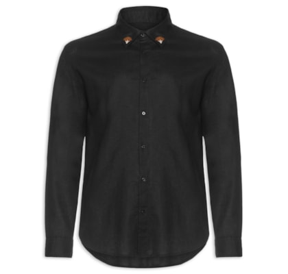 Camisa Masculina Manga Longa Linen Floral Trama - Preto