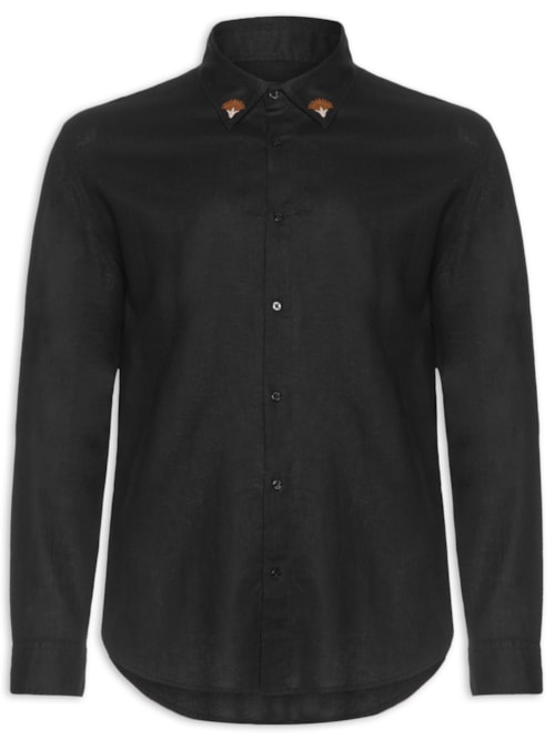Camisa Masculina Manga Longa Linen Floral Trama - Preto