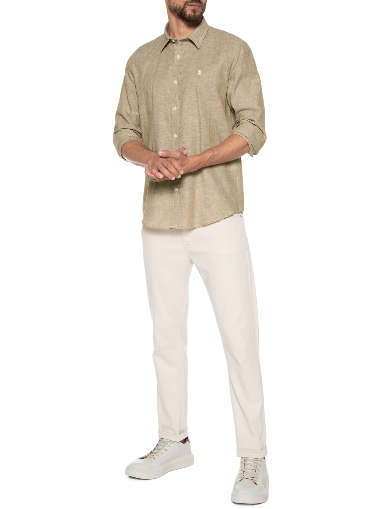 Camisa Masculina Manga Longa Linho Casual Bege Sergio K