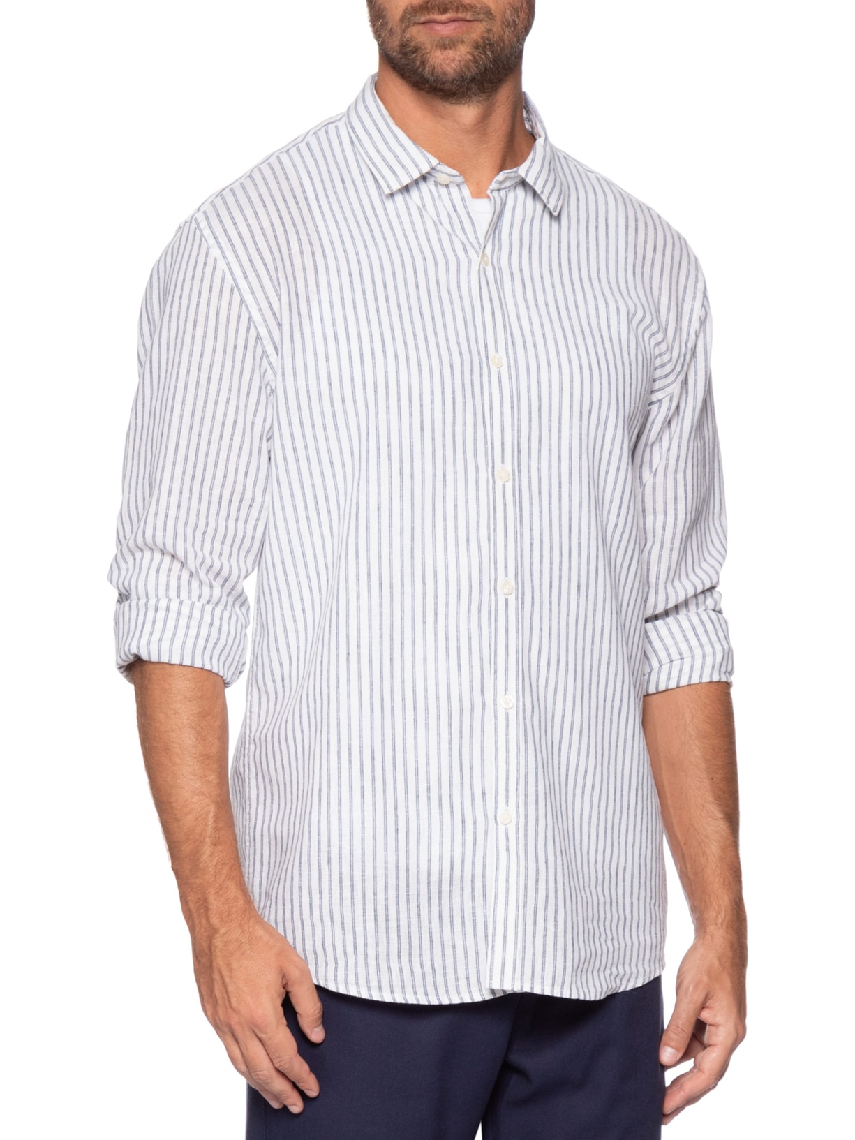 Camisa Masculina Manga Longa Linho Lastra Atalaia Azul Foxton