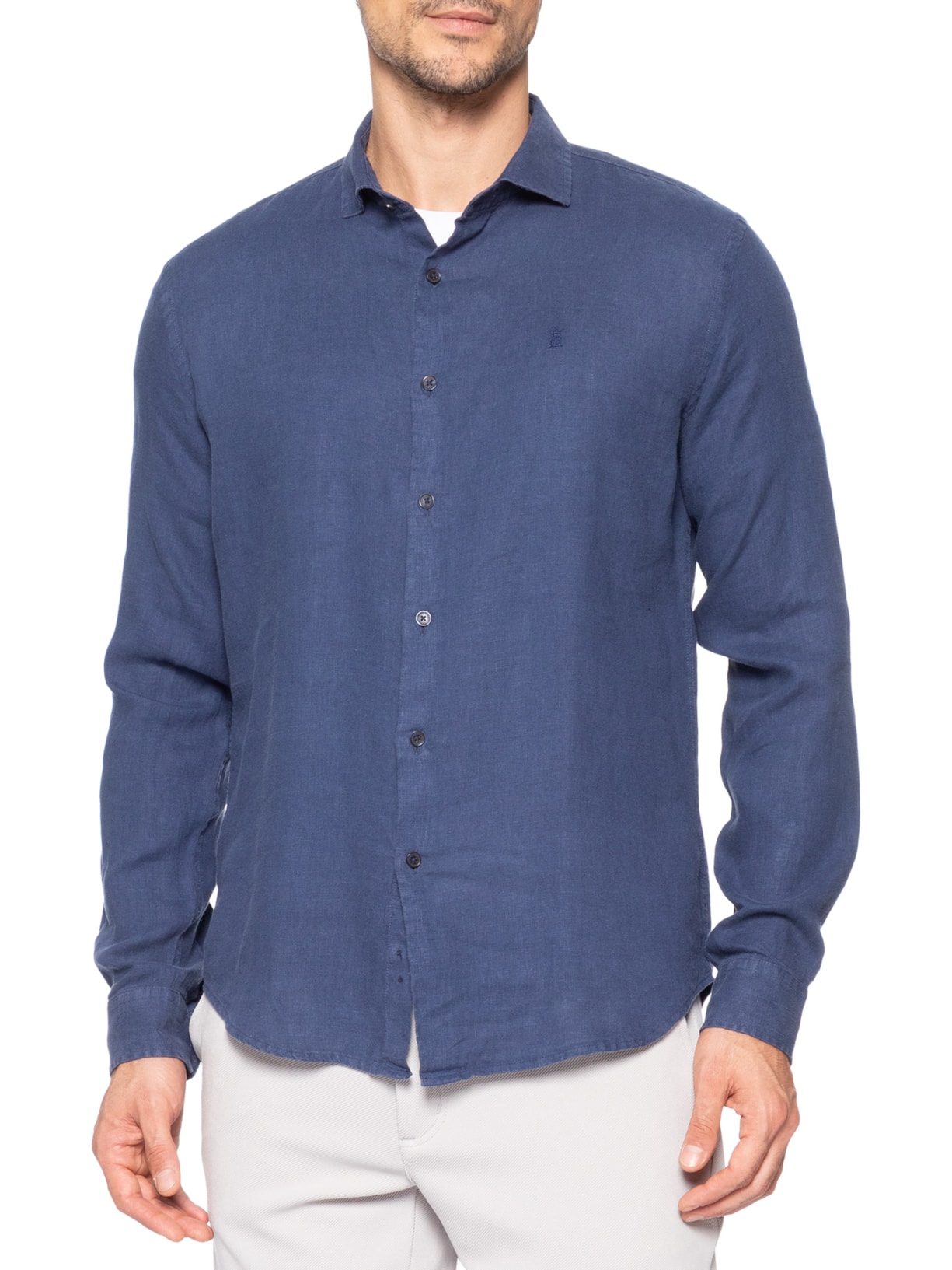 Camisa Masculina Manga Longa Linho Puro Tinturado Azul Sergio K