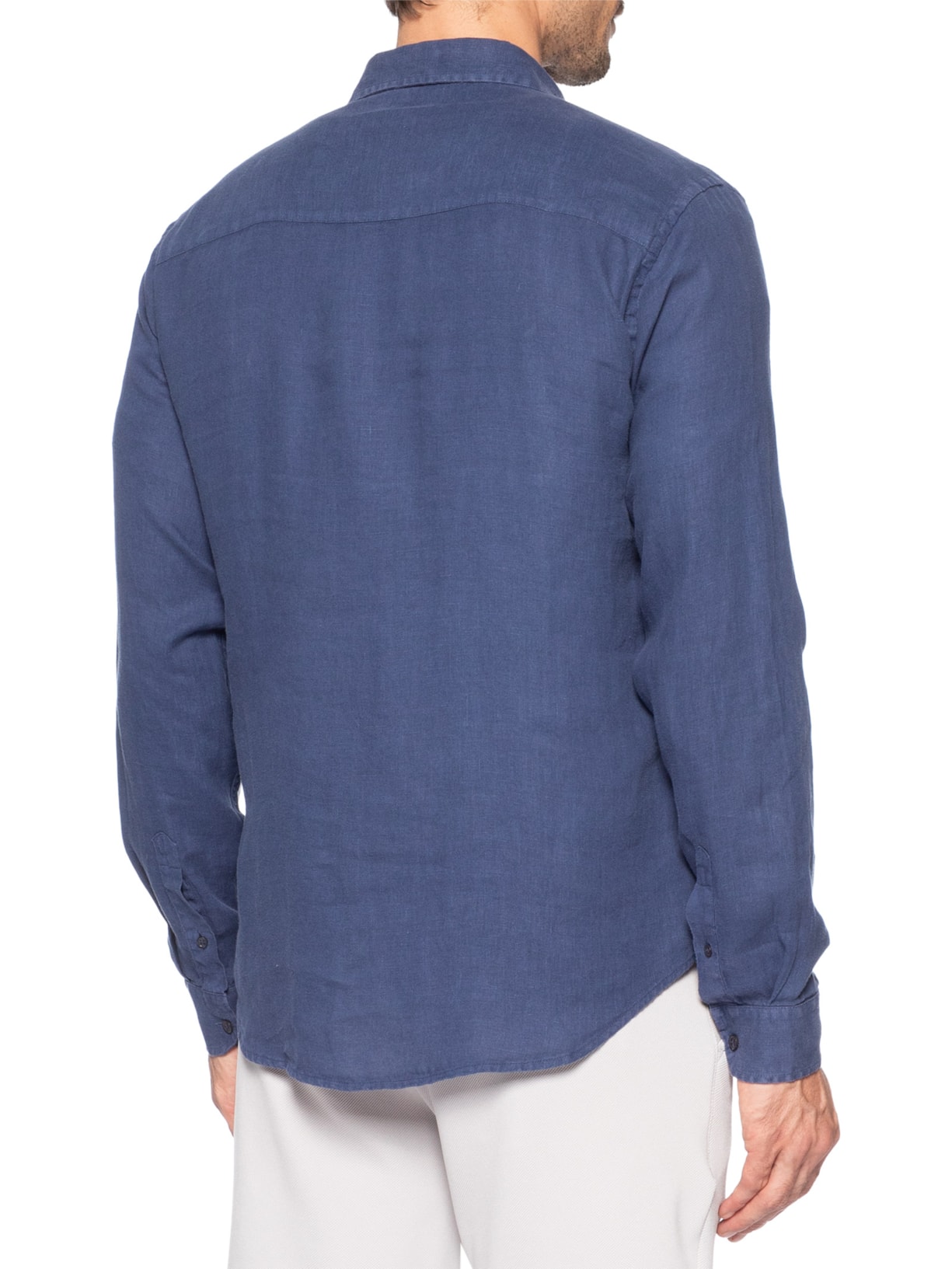 Camisa Masculina Manga Longa Linho Puro Tinturado Azul Sergio K