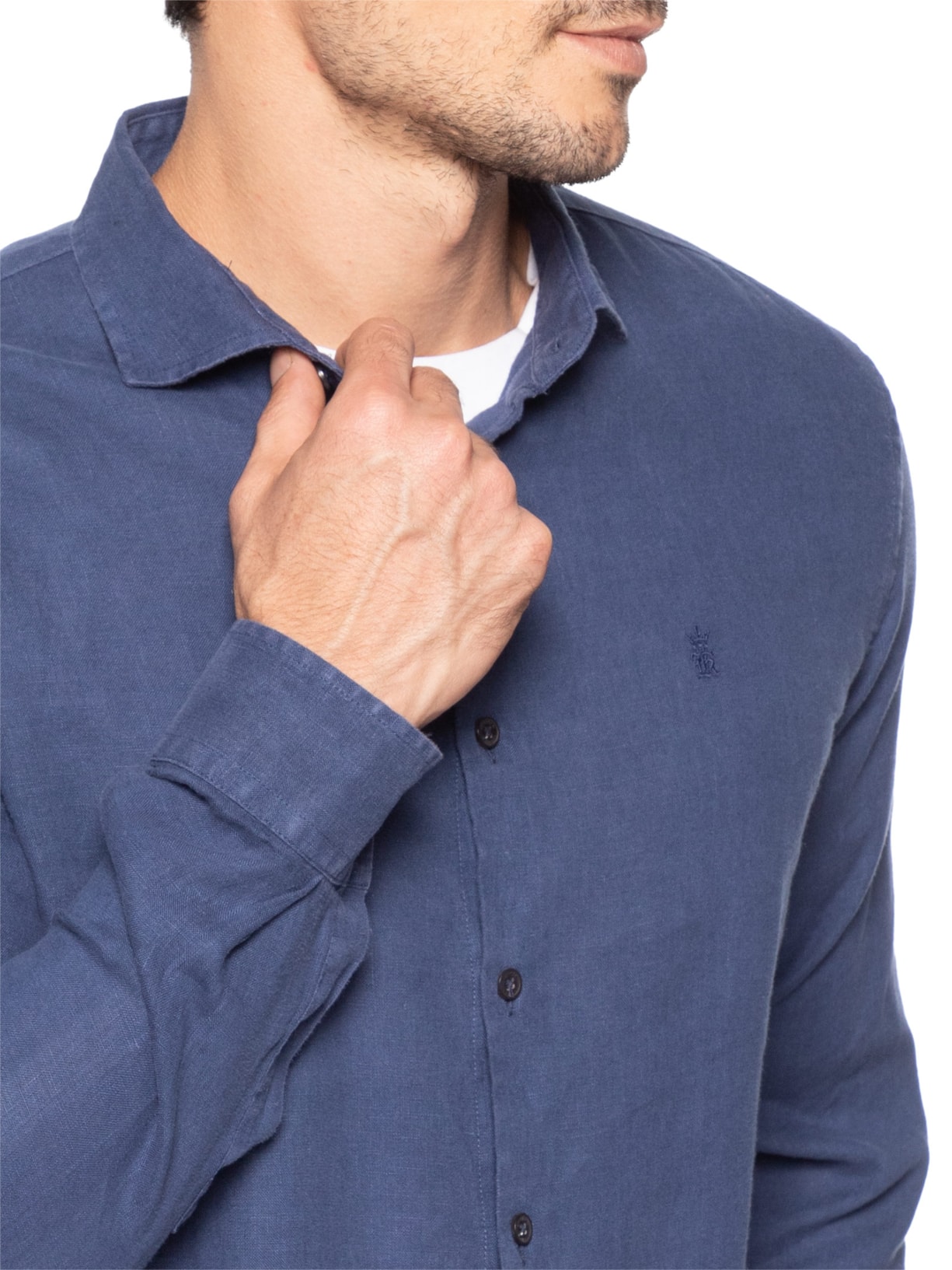 Camisa Masculina Manga Longa Linho Puro Tinturado Azul Sergio K