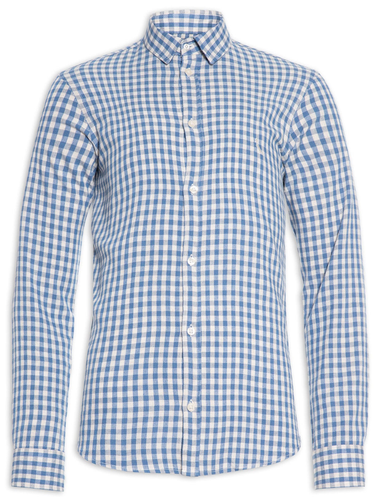 Camisa Masculina Manga Longa Linho Vichy Clássico - Azul