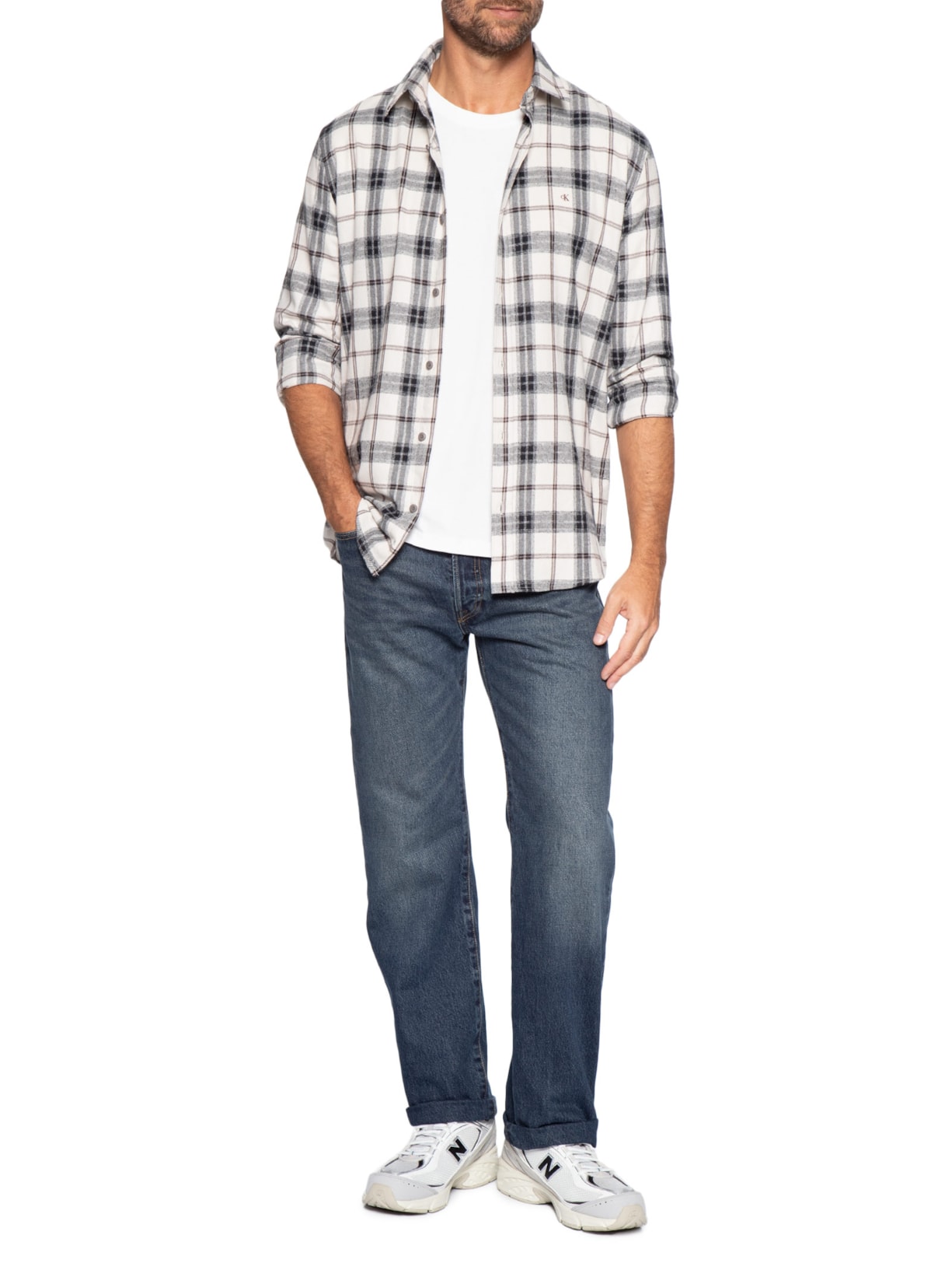 Camisa Masculina Manga Longa Overshirt Flanel Check Branco Calvin Klein Jeans