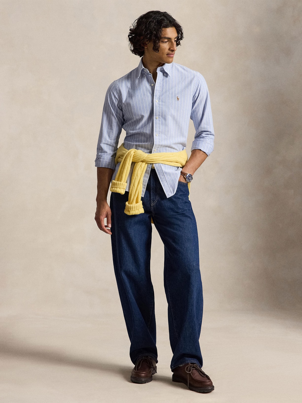 Camisa Masculina Manga Longa Oxford Custom Fit Logo Azul Polo Ralph Lauren