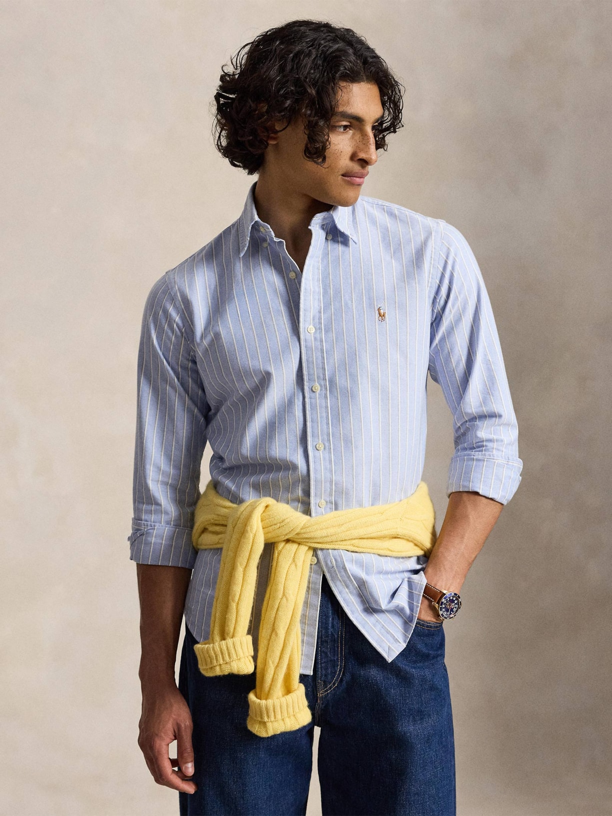 Camisa Masculina Manga Longa Oxford Custom Fit Logo Azul Polo Ralph Lauren