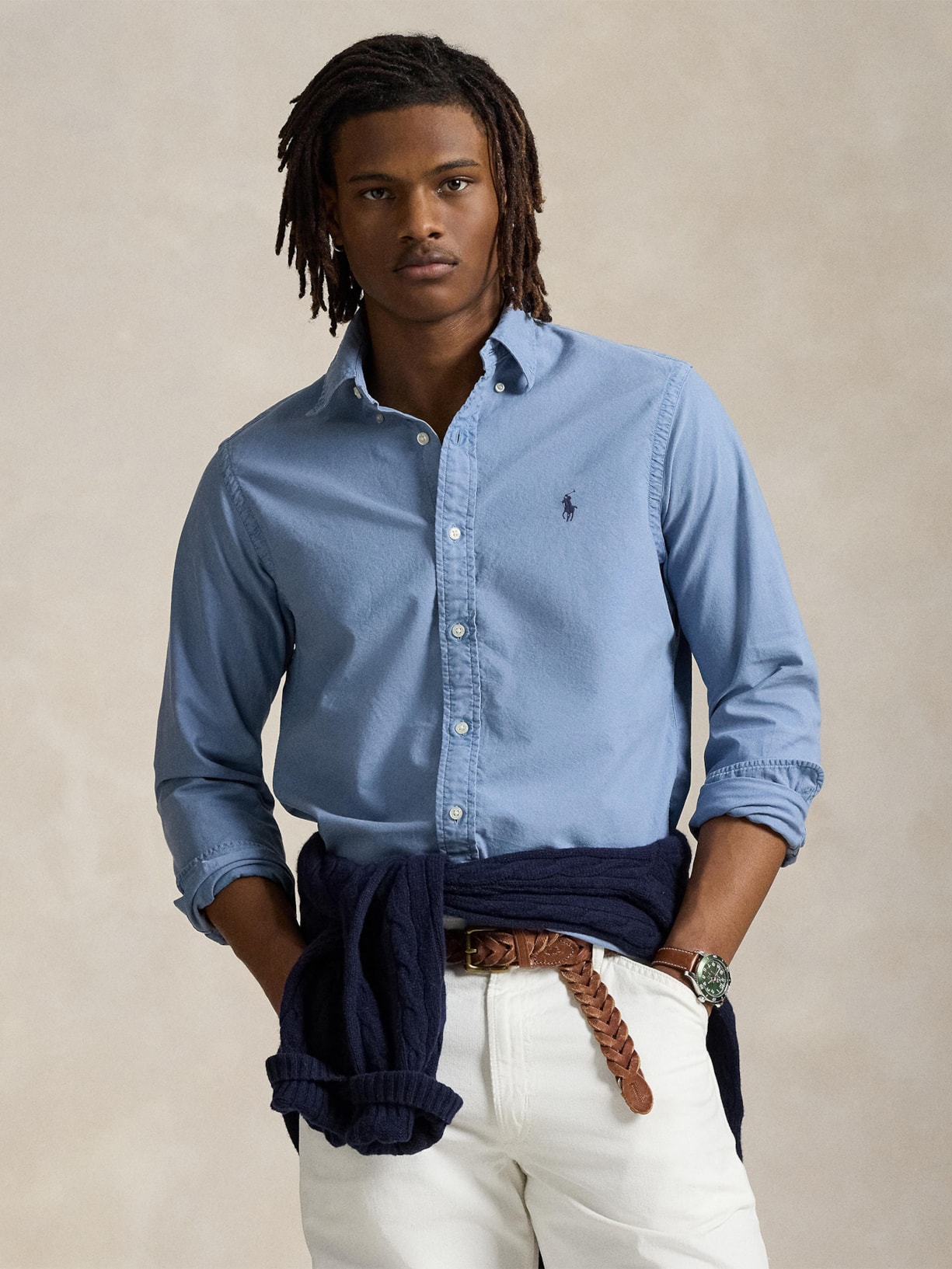 Camisa Masculina Manga Longa Oxford Slim Fit Logo Azul Polo Ralph Lauren