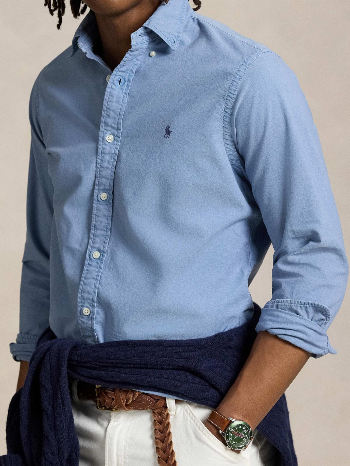 Camisa Masculina Manga Longa Oxford Slim Fit Logo Azul Polo Ralph Lauren