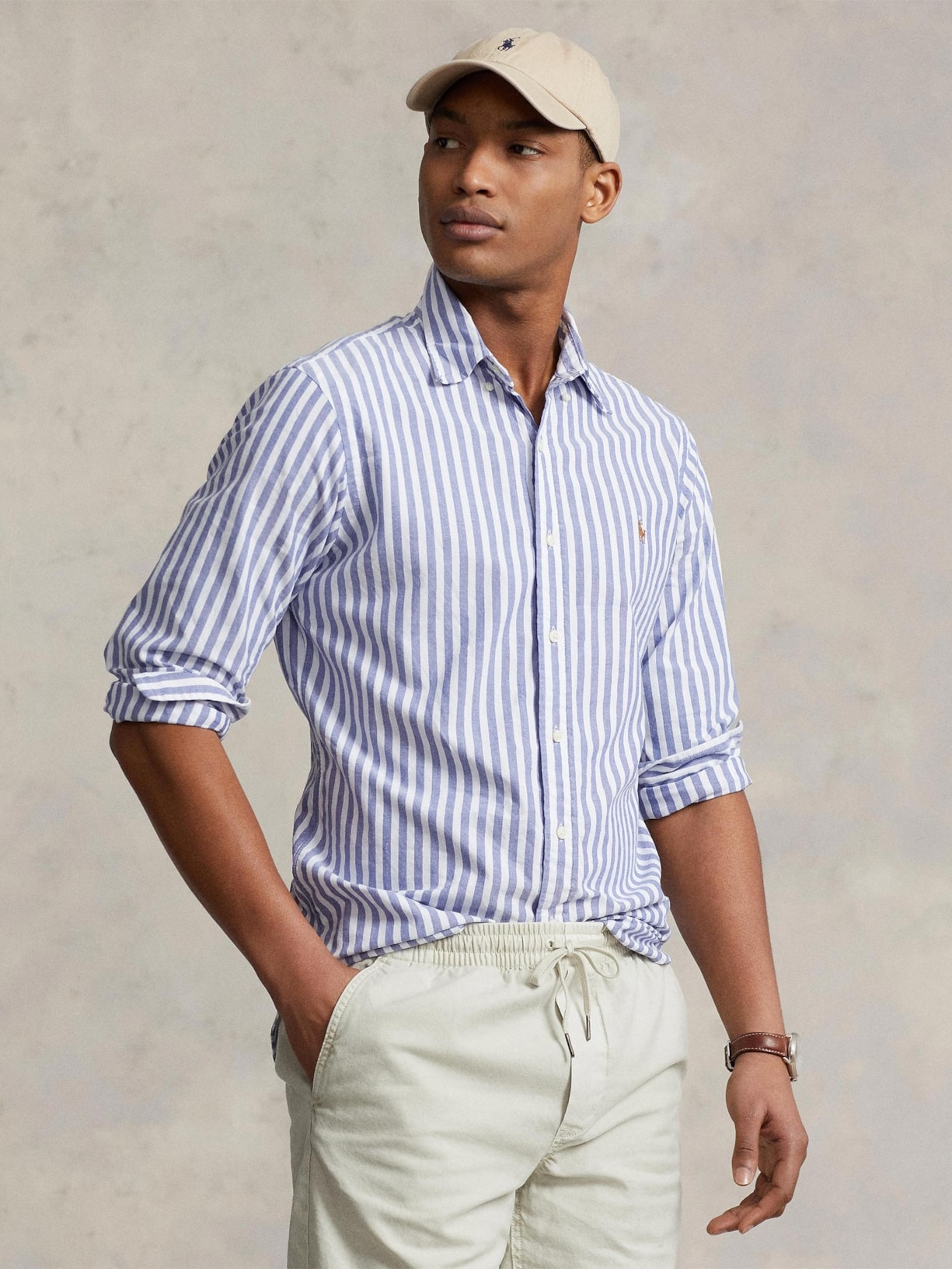 Camisa Masculina Manga Longa Oxford Slim Fit Logo Azul Polo Ralph Lauren