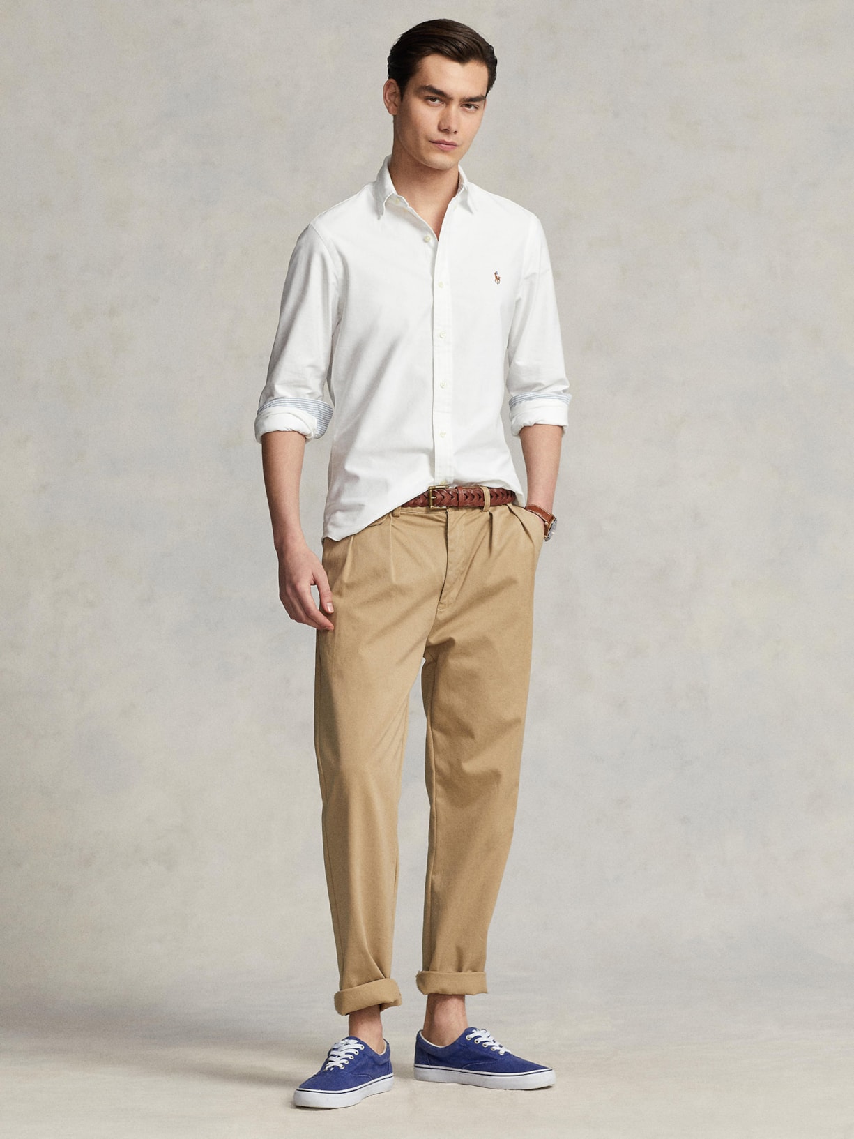 Camisa Masculina Manga Longa Oxford Slim Fit Logo Branco Polo Ralph Lauren
