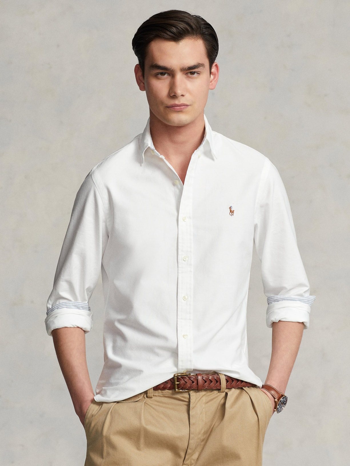 Camisa Masculina Manga Longa Oxford Slim Fit Logo Branco Polo Ralph Lauren