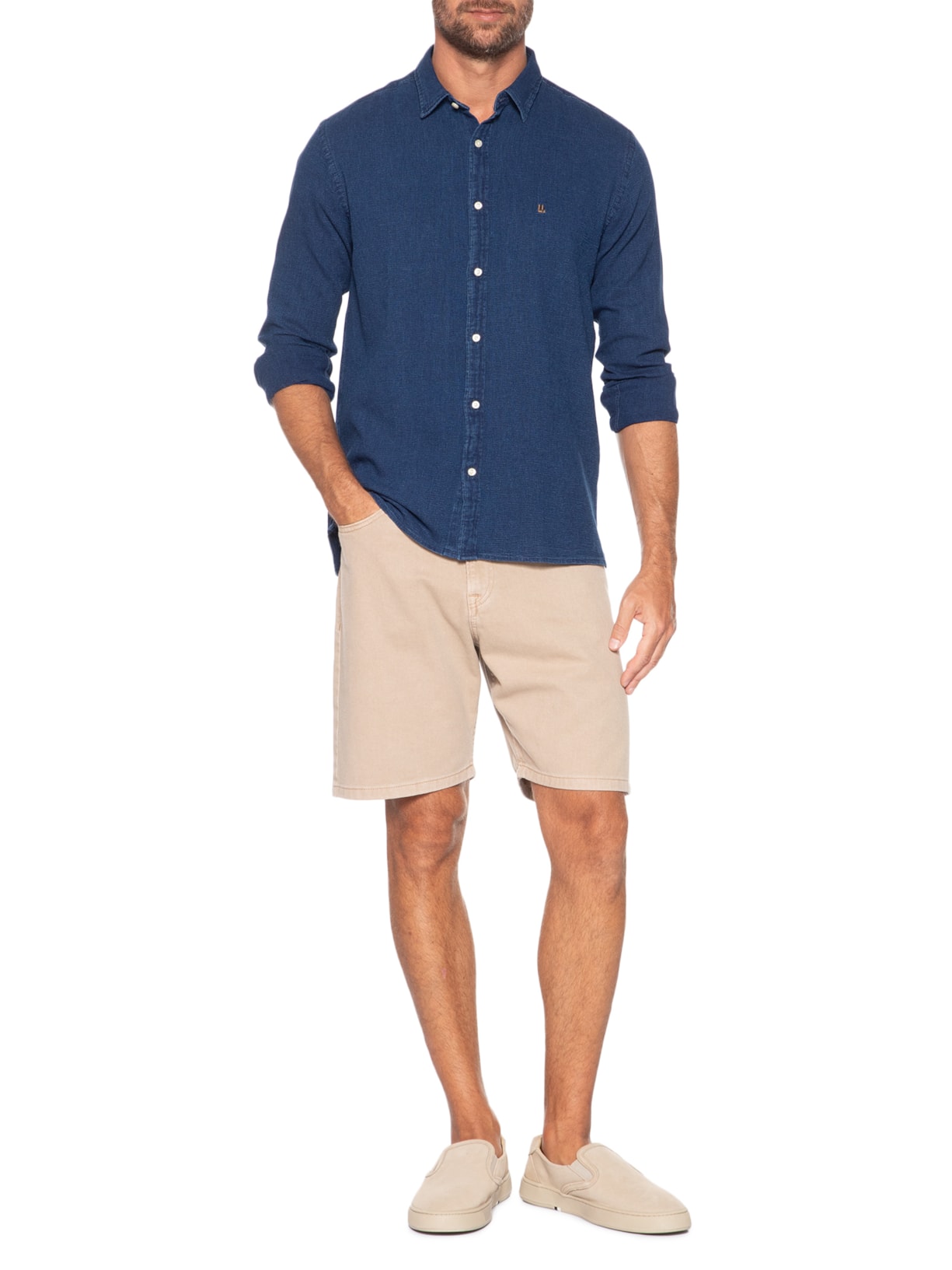 Camisa Masculina Manga Longa Piquet Indigo Azul Foxton