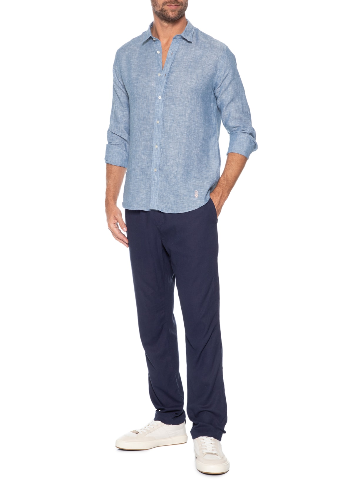 Camisa Masculina Manga Longa Puro Linho Azul Pineapple