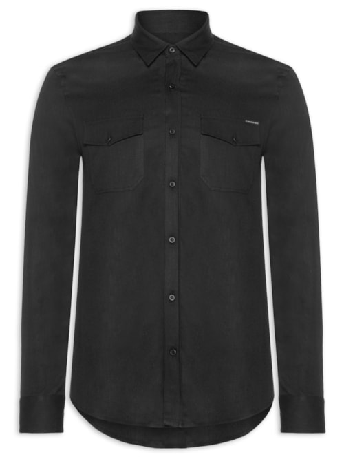 Camisa Masculina Manga Longa Sarja Com Bolsos - Preto