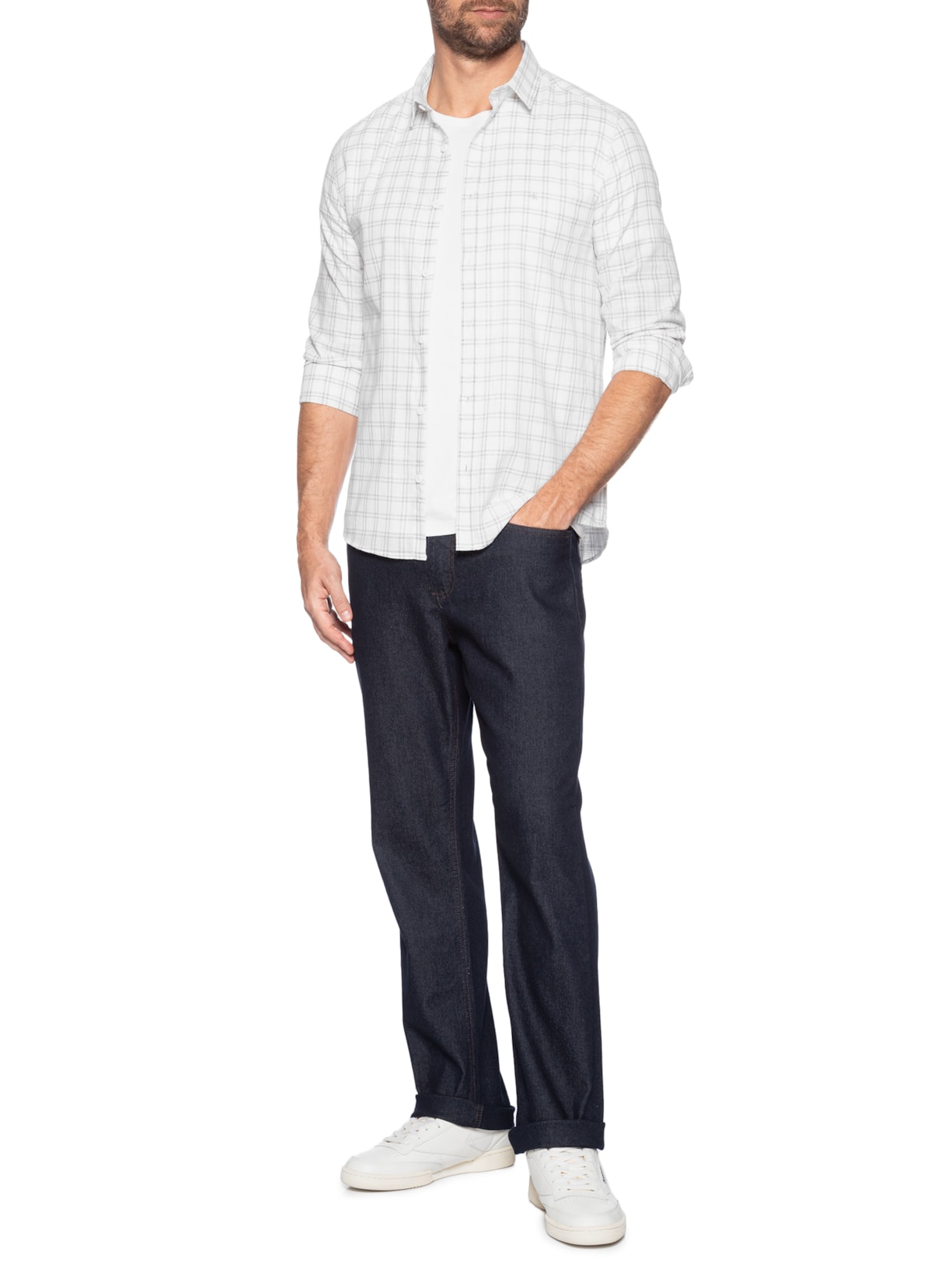 Camisa Masculina Manga Longa Slim Flamê Check Branco Calvin Klein Jeans