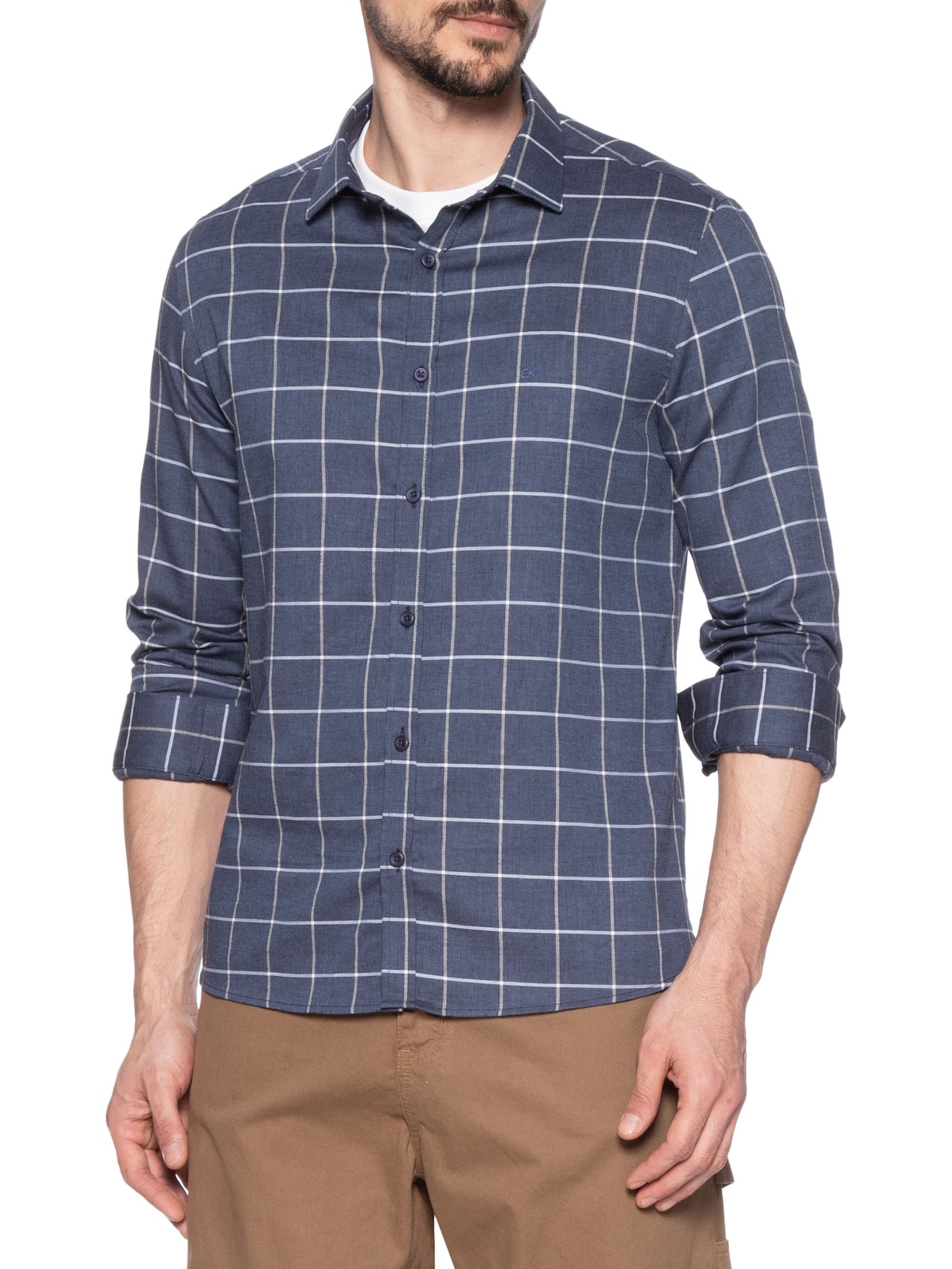 Camisa Masculina Manga Longa Slim Grid Azul Calvin Klein - White Label