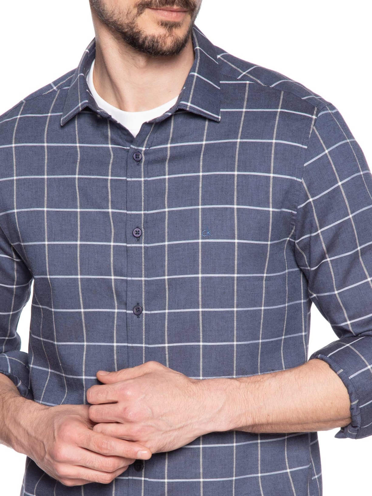 Camisa Masculina Manga Longa Slim Grid Azul Calvin Klein - White Label