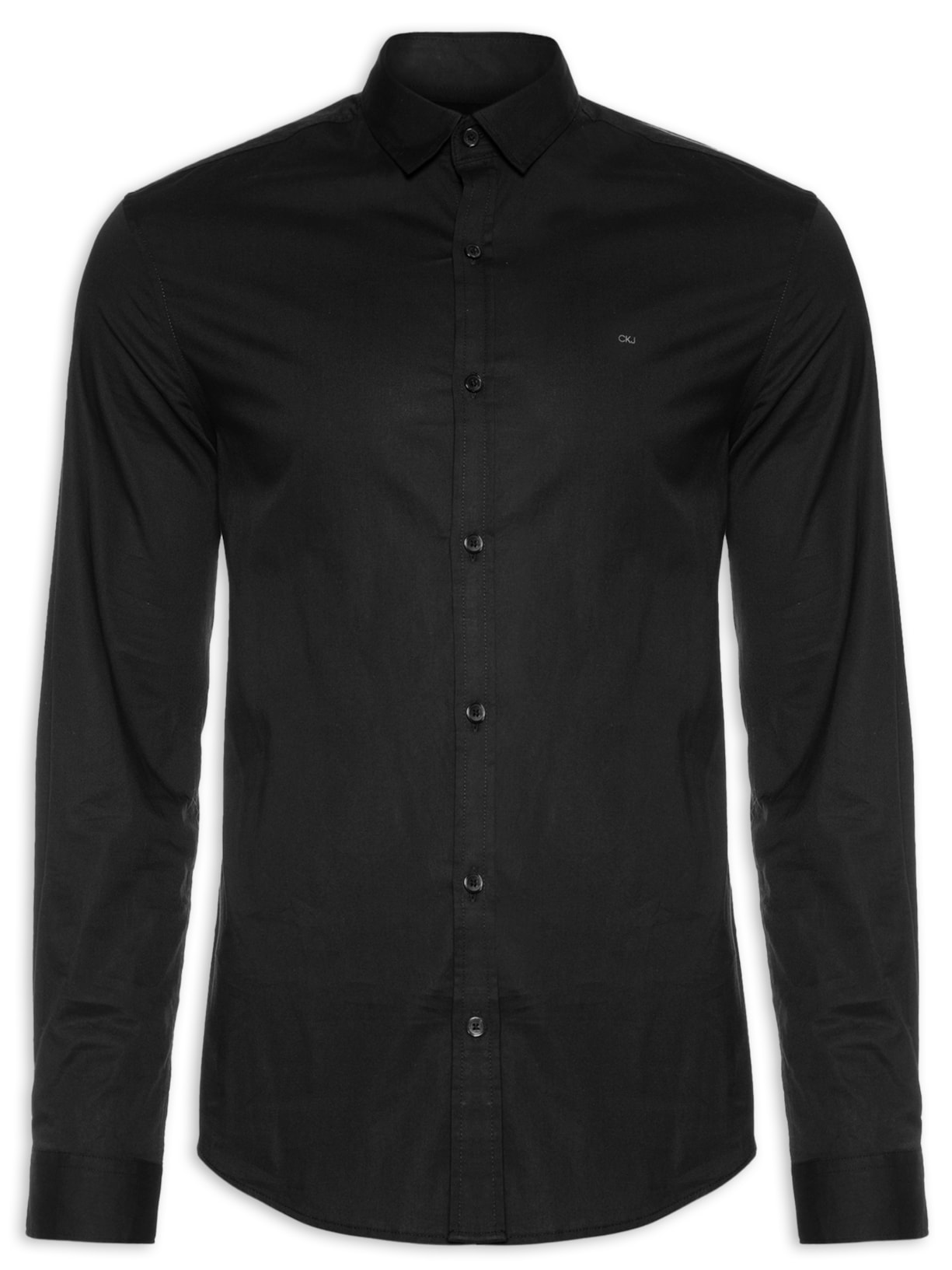 Camisa Masculina Manga Longa Slim Lisa Básica Logo No Peito - Preto