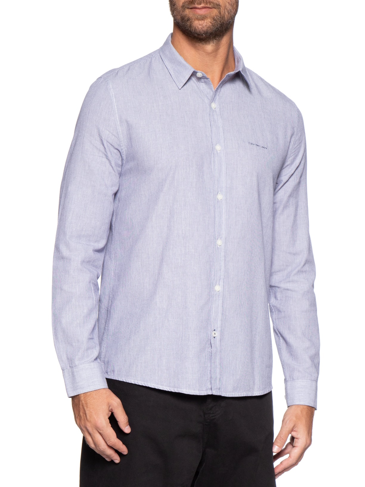 Camisa Masculina Manga Longa Slim Listrada Silk Logo Azul Calvin Klein Jeans
