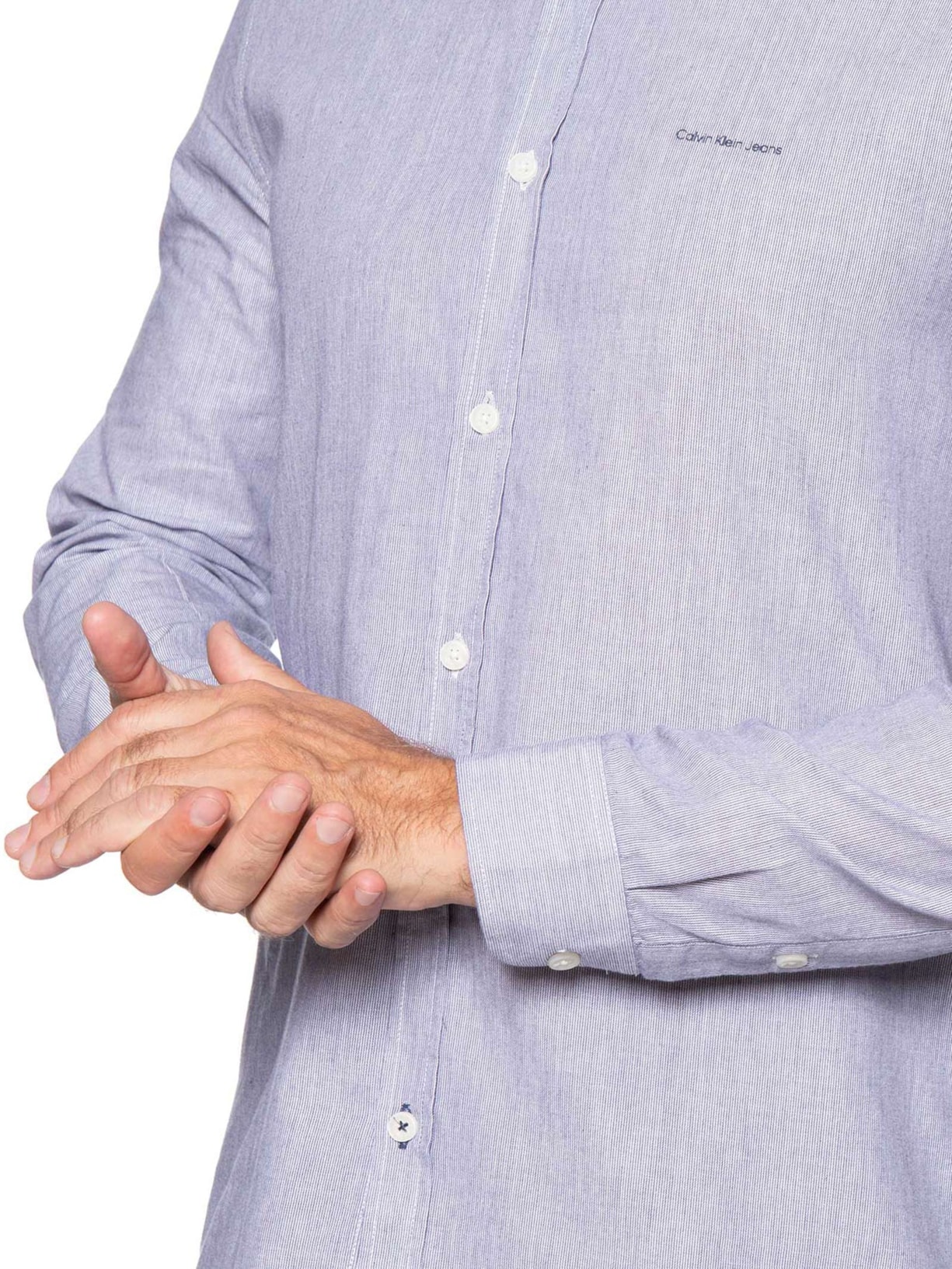 Camisa Masculina Manga Longa Slim Listrada Silk Logo Azul Calvin Klein Jeans