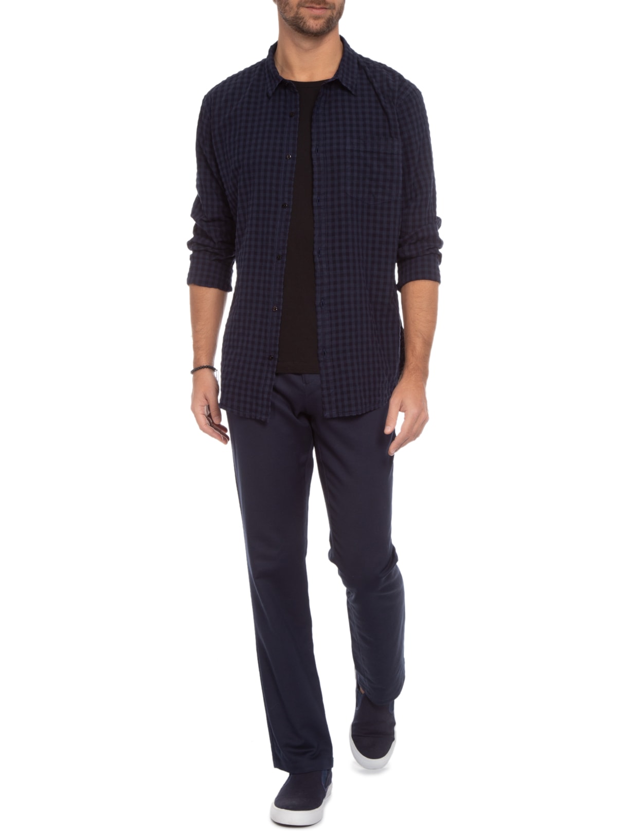 Camisa Masculina Mini Vichy Manga Longa Azul  Osklen